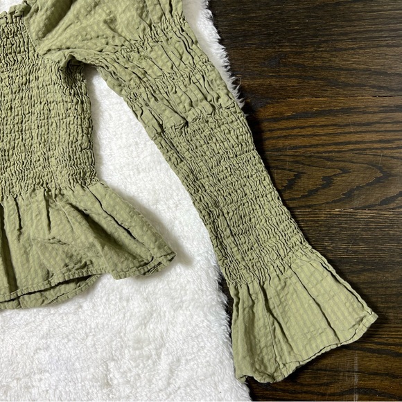 Topshop Green Shirred Long Sleeve Peplum Hem Blouse Size 2 - Picture 7 of 13